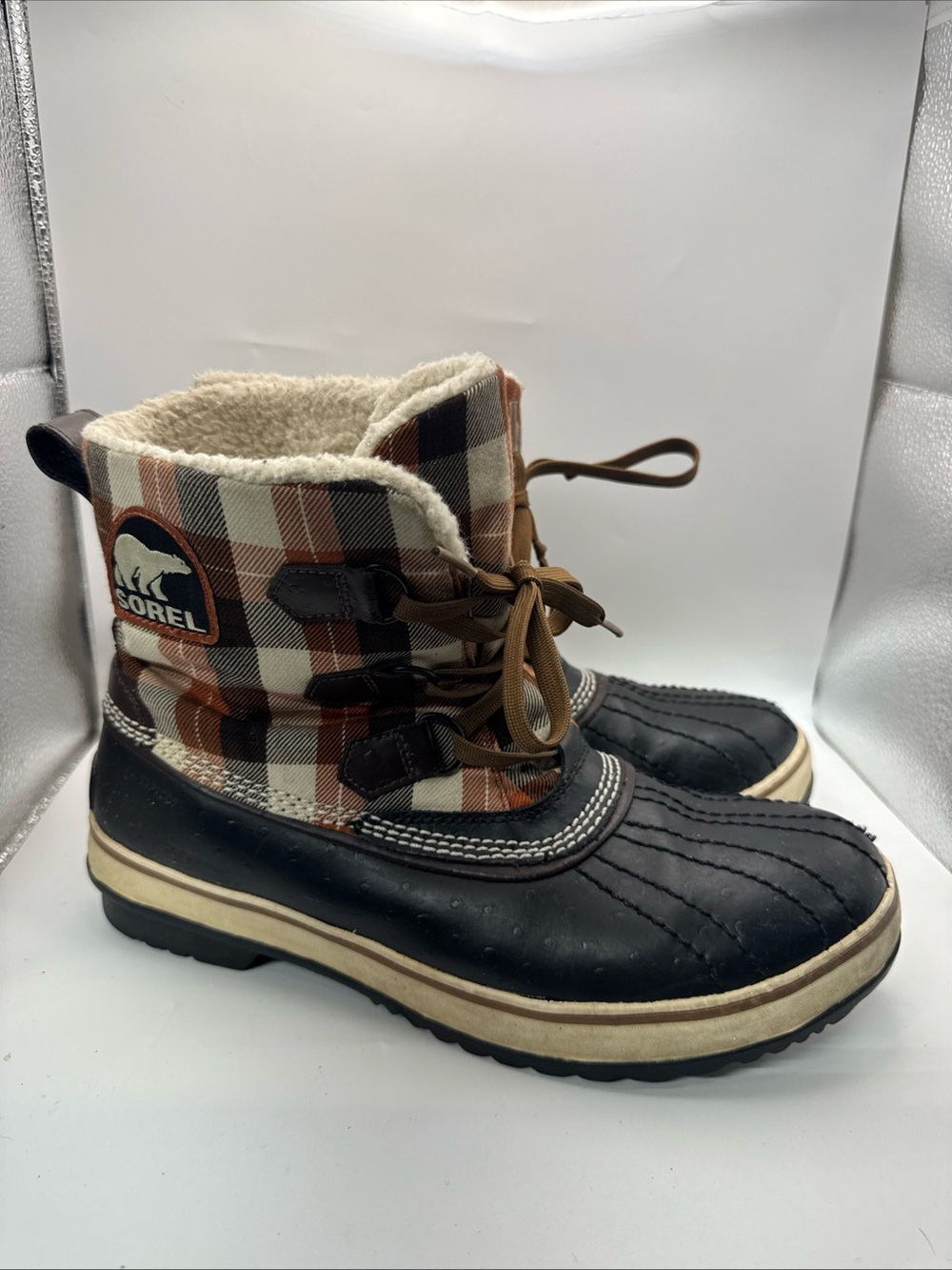 Sorel Tivoli Plaid Boots Women's 10.5 Brown Waterproof Fleece Winter Snow Duck